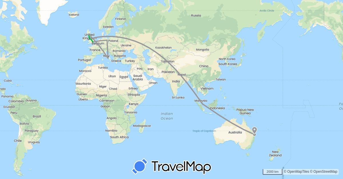 TravelMap itinerary: driving, bus, plane in Australia, Germany, United Kingdom, Italy, Singapore (Asia, Europe, Oceania)